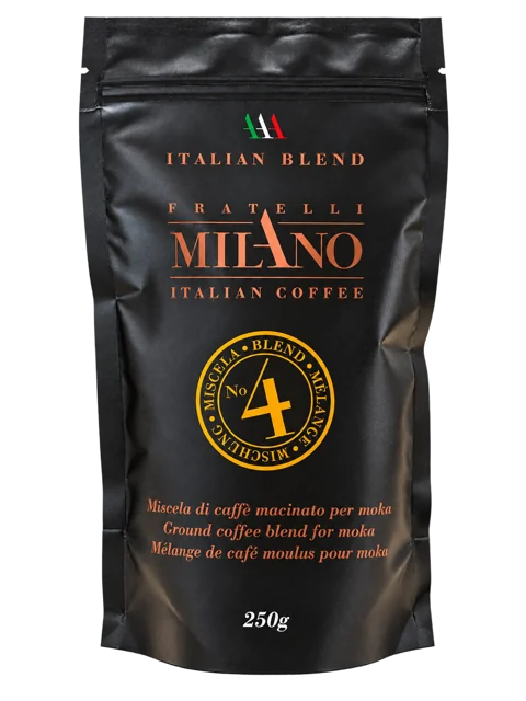 Confezione Fratelli Milano N°4, 250 grammi di caffè macinato per moka